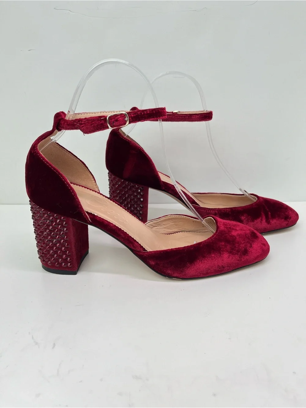 J. Crew Maisie Ruby Red Velvet Jewel Studded Ankle Strap Holiday Party Heels